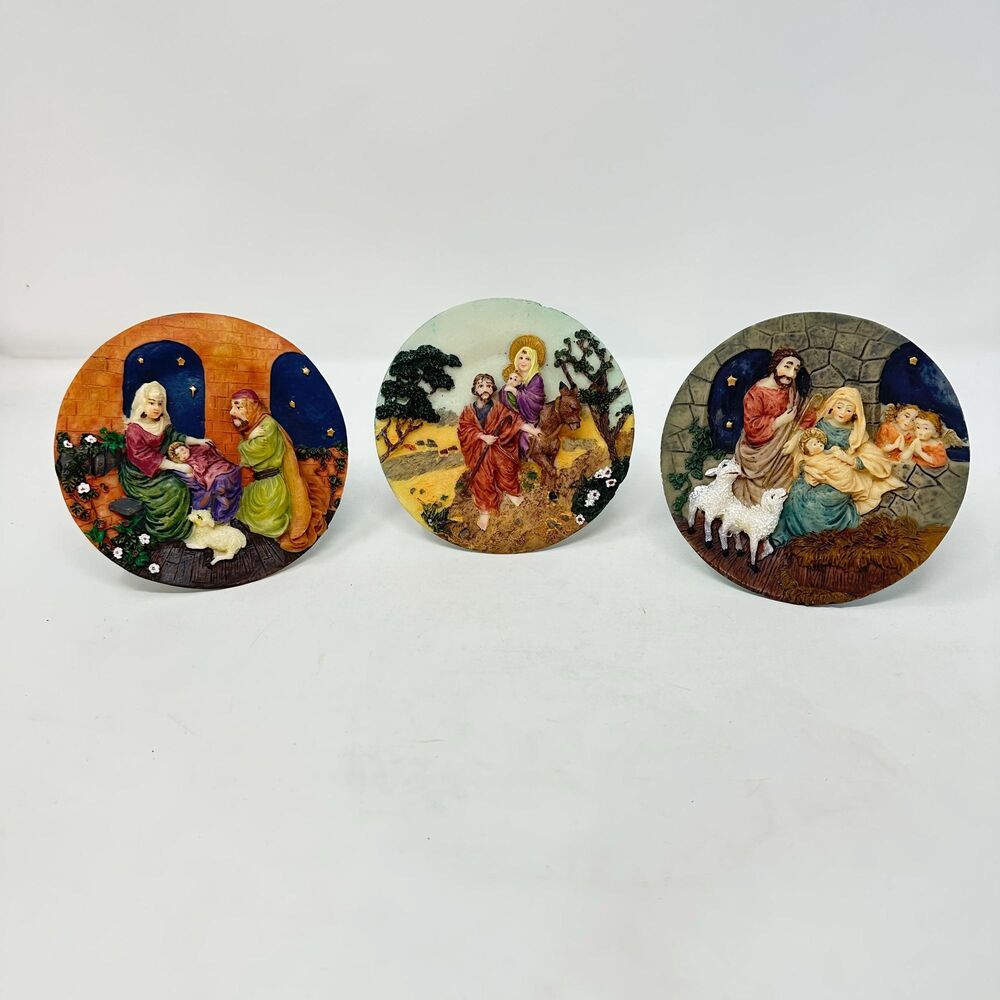 Vintage 3D Resin Nativity Plates Set of 3, Xmas Decor, Built-In Wire Stands READ